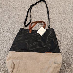 Black Leather/Tan Canvas large tote purse w/crossbody